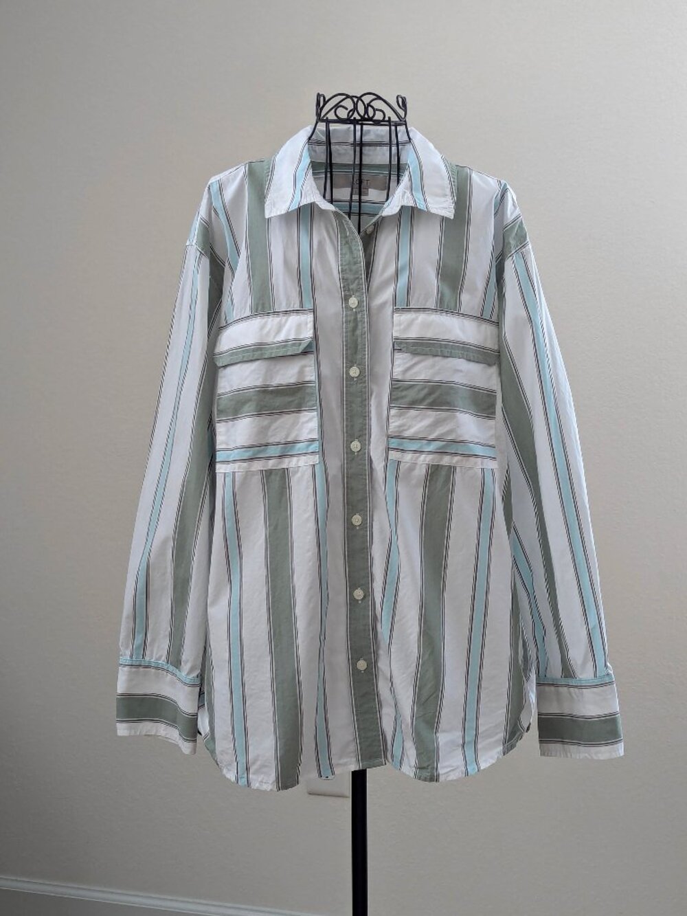 LOFT Striped Cotton Oversized Shirt Women L Sage Blue Flap Pocket Button Up